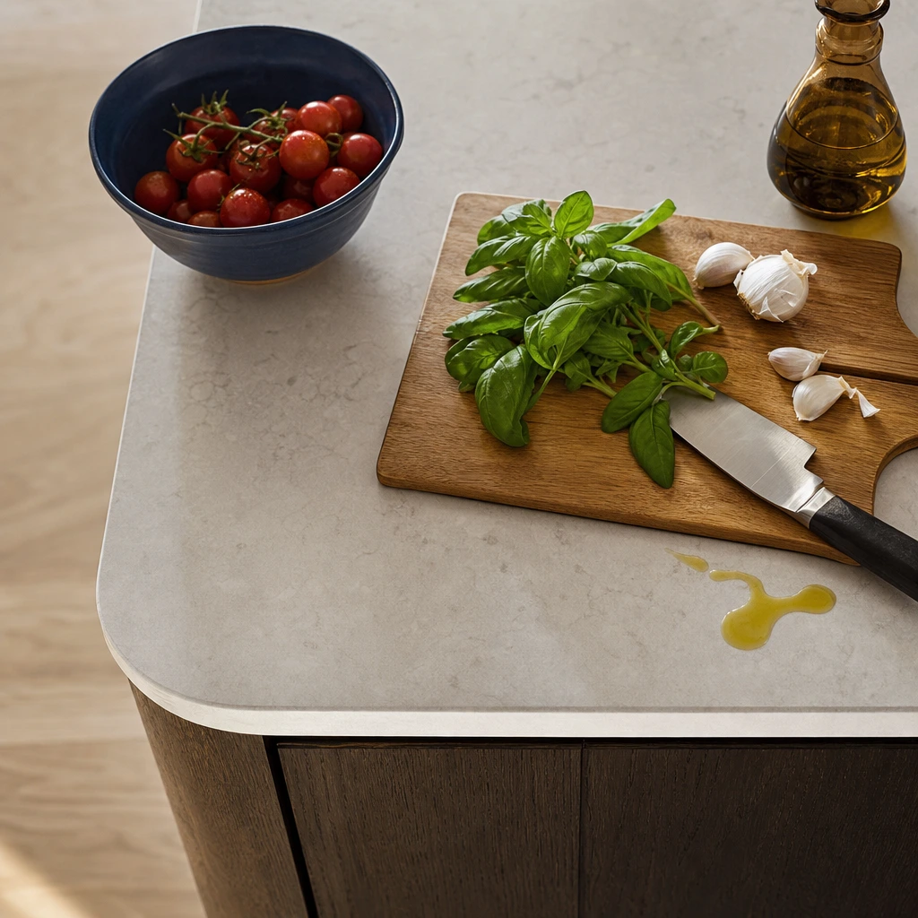 Détail d'angle arrondi d'îlot en quartz avec préparation culinaire (tomates cerises, basilic, ail)