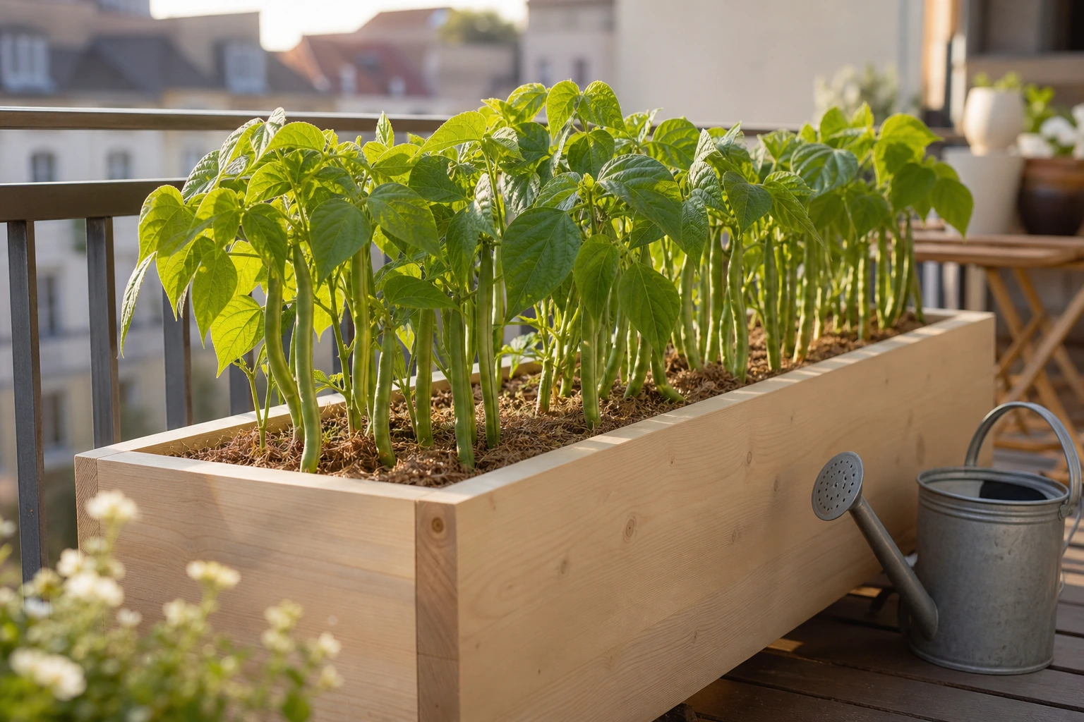 Haricots nains en bac de bois avec gousses prêtes à récolter