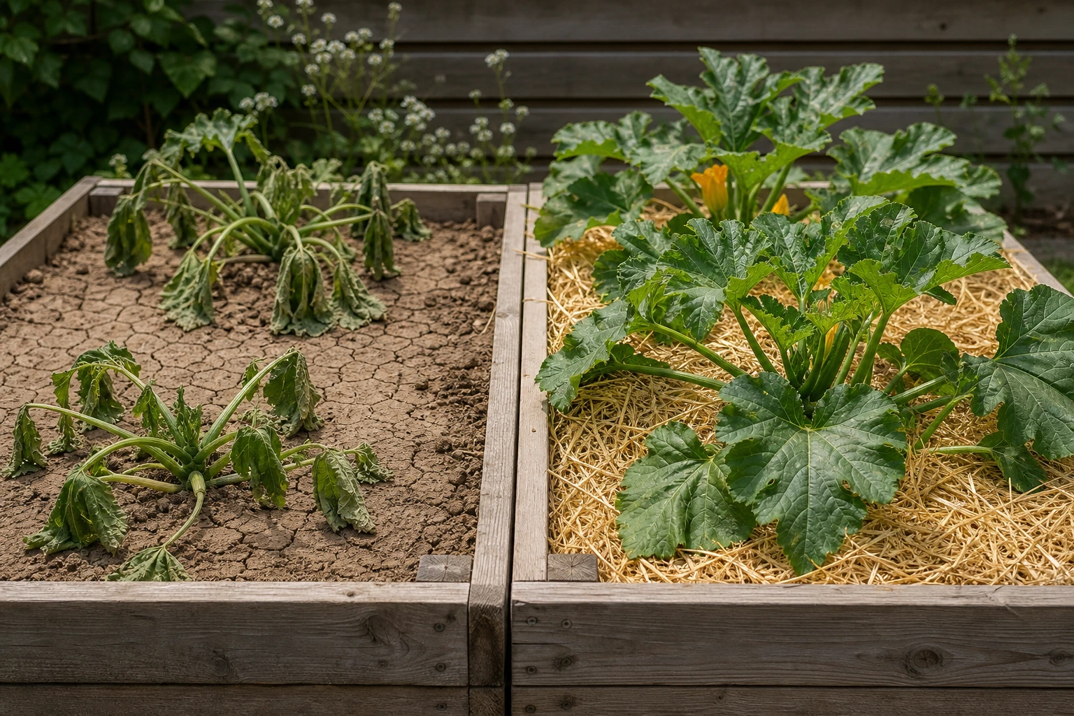 Effet du paillage : comparaison visuelle entre sol nu et sol paillé au potager