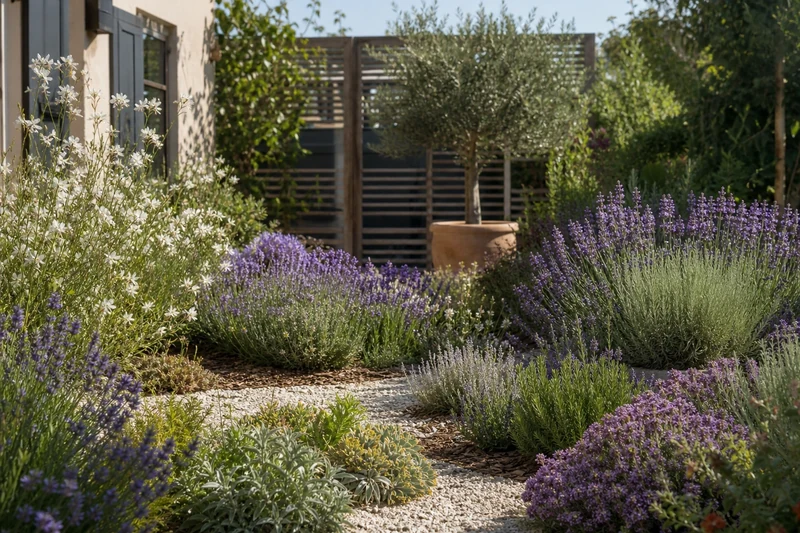 Jardin français adapté à la sécheresse avec lavandes, romarins et paillage minéral