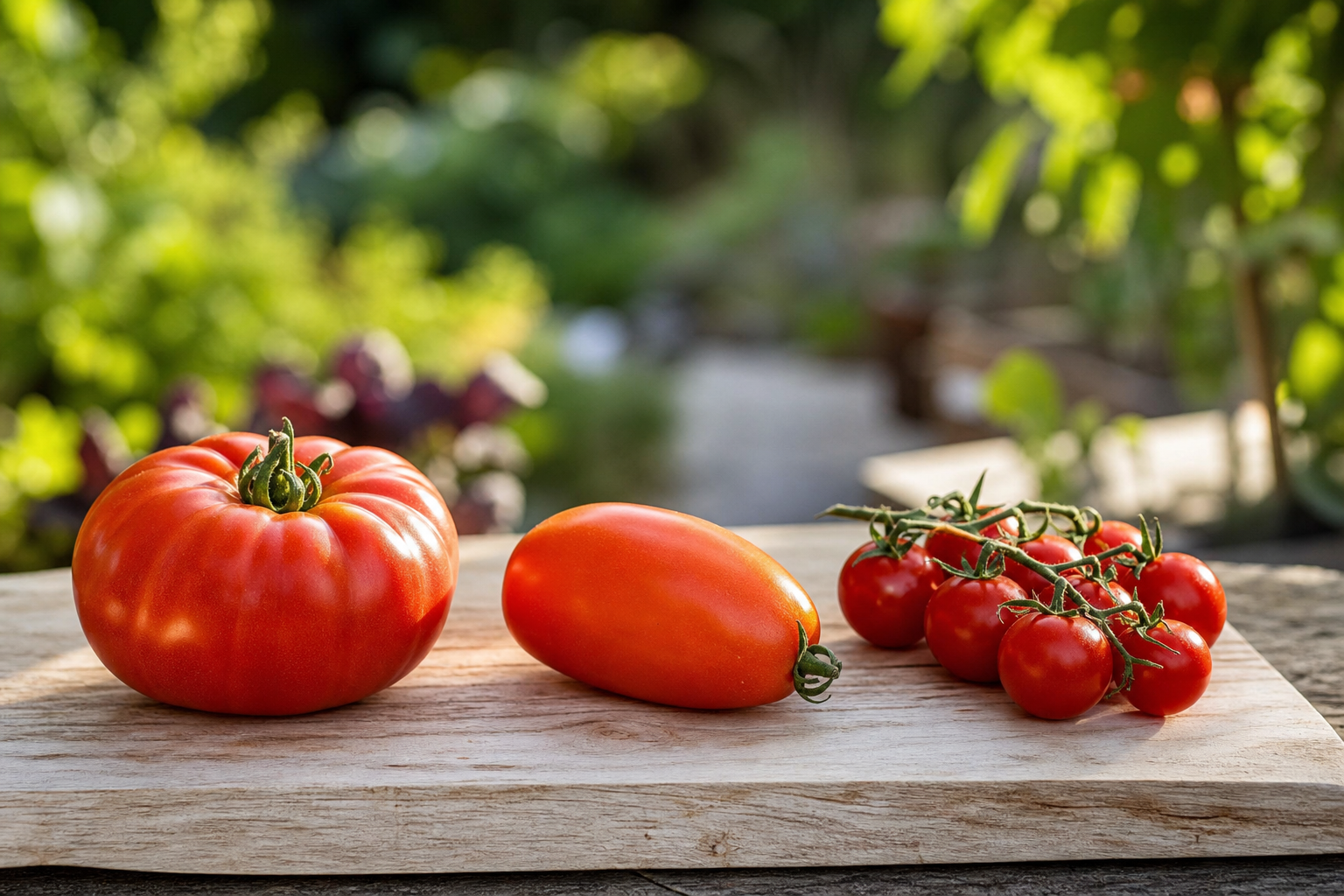 Trois variétés de tomates : ronde ferme, allongée et cerises sur planche en bois