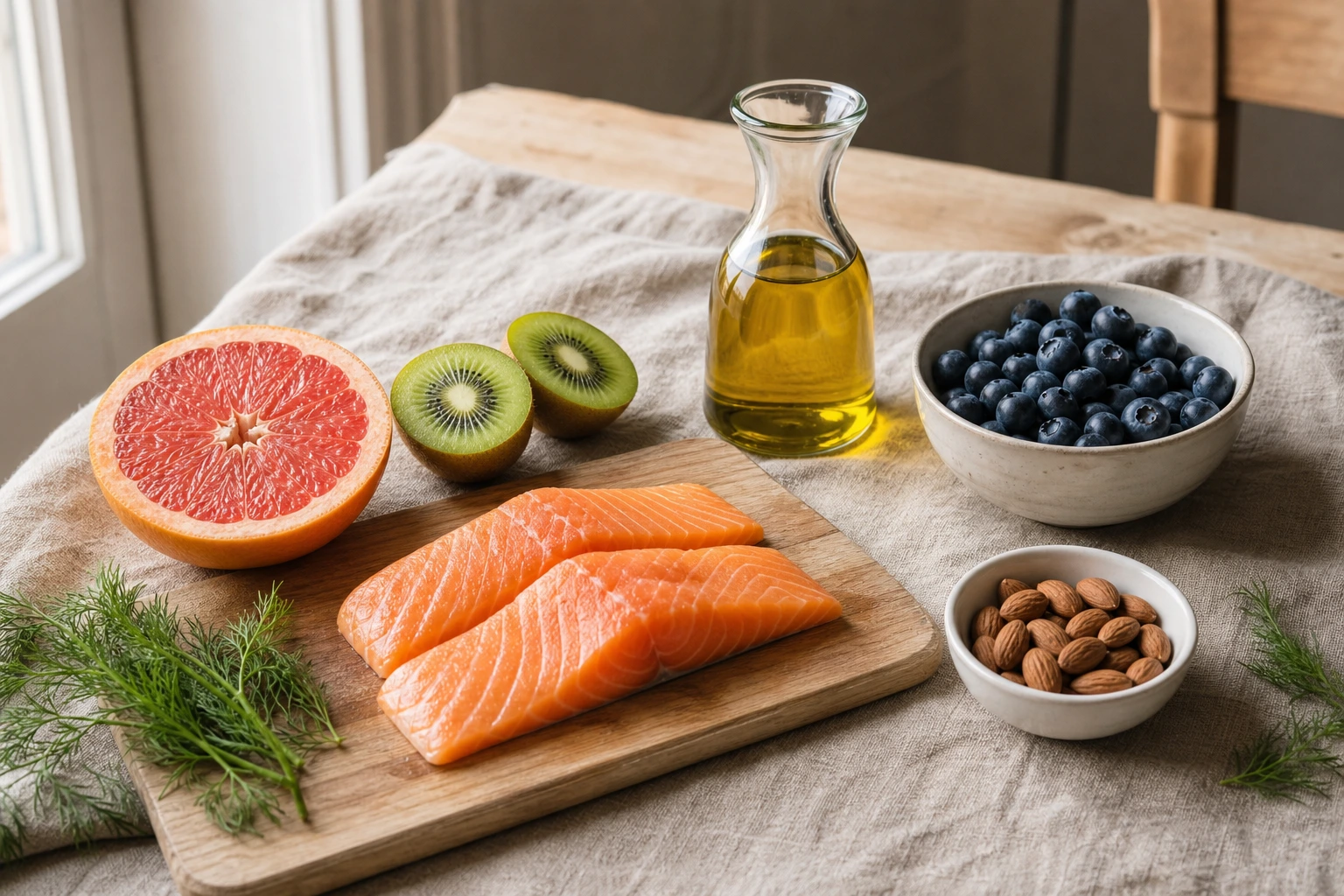 Petit-déjeuner riche en antioxydants pour la santé des cheveux : kiwi, pamplemousse, amandes, saumon, huile d'olive