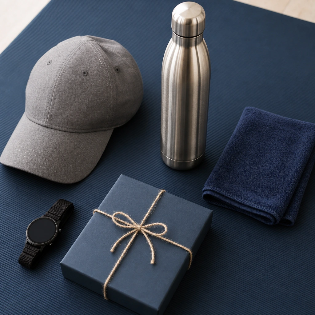 Cadeaux pour papa sportif vus de dessus : casquette brodée, montre cardio, gourde inox et coffret bon cadeau