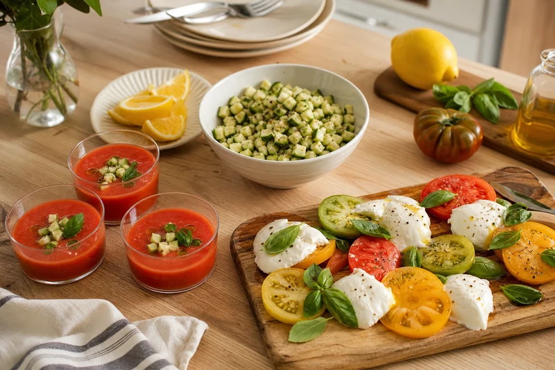 Repas estival sans cuisson : gaspacho, tartare de courgettes, tomates et mozzarella