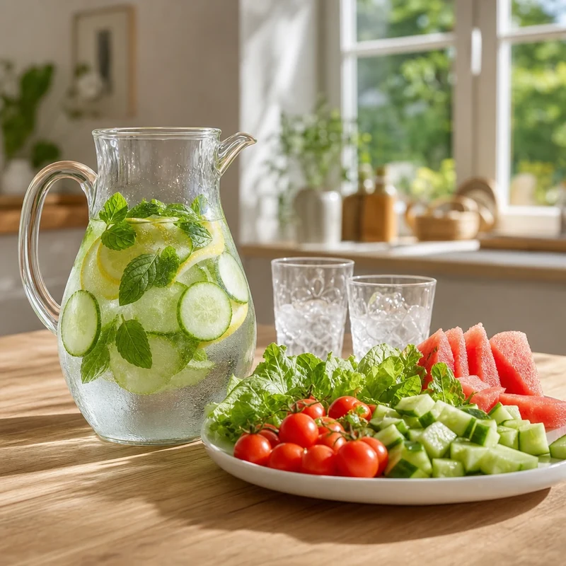 Pichet d'eau aromatisée et assiette de fruits et légumes riches en eau pour s'hydrater par forte chaleur