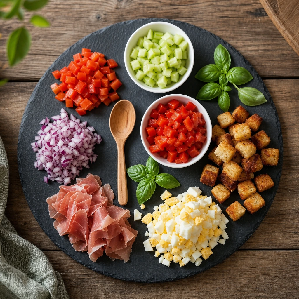 Ramequins de garnitures pour gaspacho : brunoise, croûtons, œuf dur et jambon cru