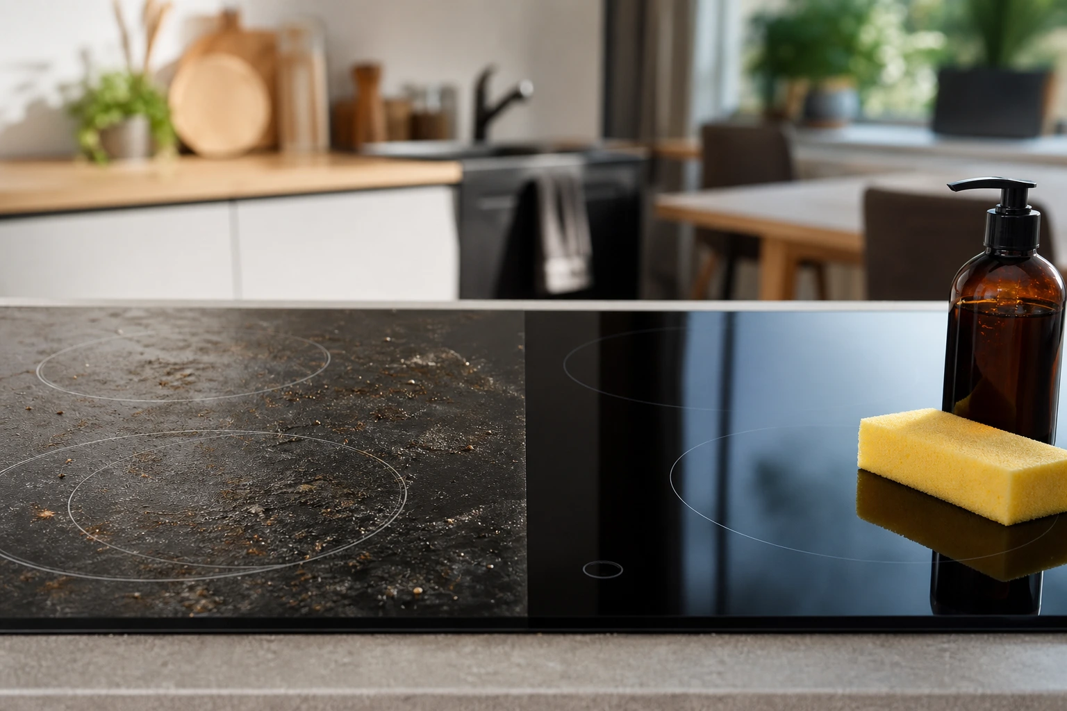 Avant-après d'une plaque vitrocéramique nettoyée au savon noir, gras éliminé et surface brillante.