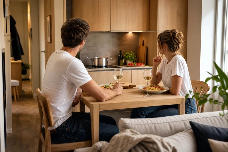 Couple dînant dans un studio avec petite cuisine compacte fixe en service à l'arrière-plan