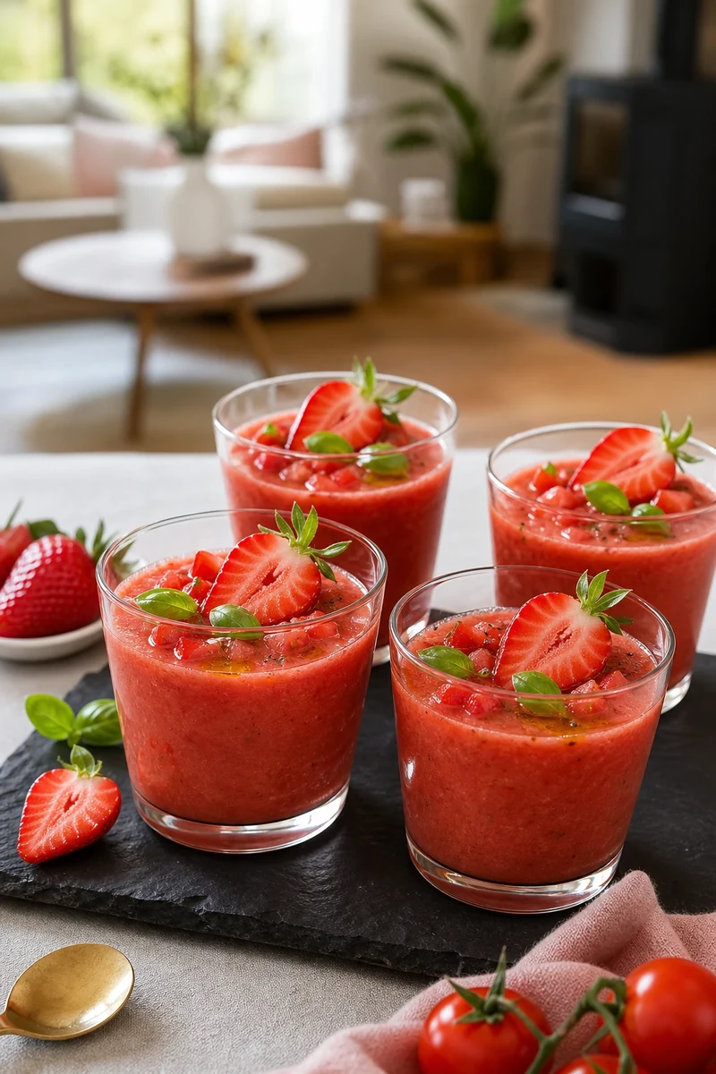 Quatre verrines de gaspacho fraise-tomate rose vif décorées de demi-fraises Gariguette et feuilles de basilic