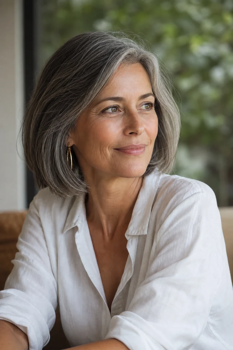 Portrait d'une femme de 45 ans à la peau glass skin mature et lumineuse