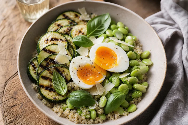 Buddha bowl au quinoa, courgette grillée, fèves fraîches et œuf mollet