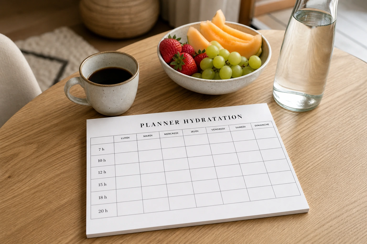 Planner hydratation hebdomadaire imprimé avec verre d'eau, café et fruits frais