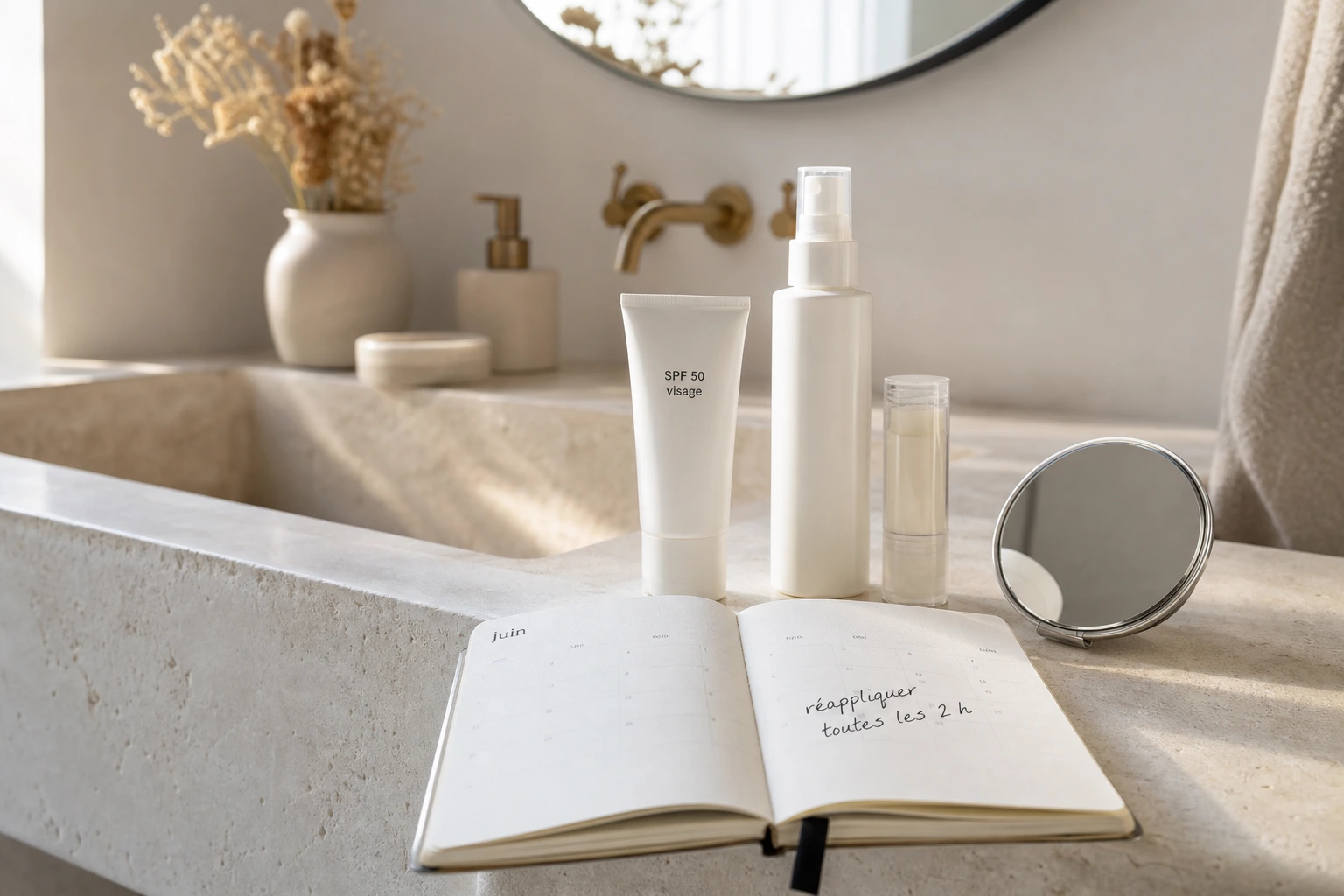Routine de réapplication de crème solaire visage avec brume et stick posés sur la vasque