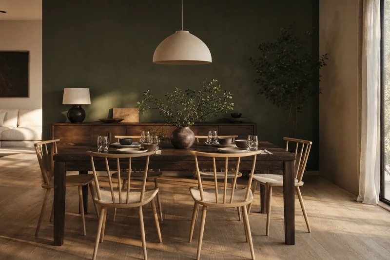 Salle à manger japandi enrichi avec table chêne fumé, vaisselle artisanale grès et mur vert mousse