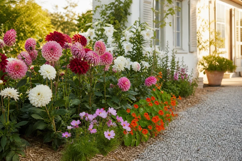 Massif fleuri en été avec dahlias roses, lis blancs, cosmos et capucines orange