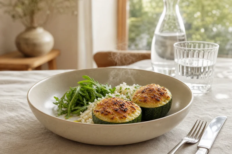 Assiette de courgettes farcies au chèvre servies avec riz basmati et roquette