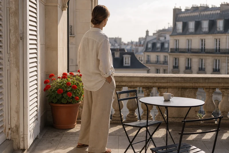 Tenue d'été en lin portée sur une terrasse parisienne au petit matin