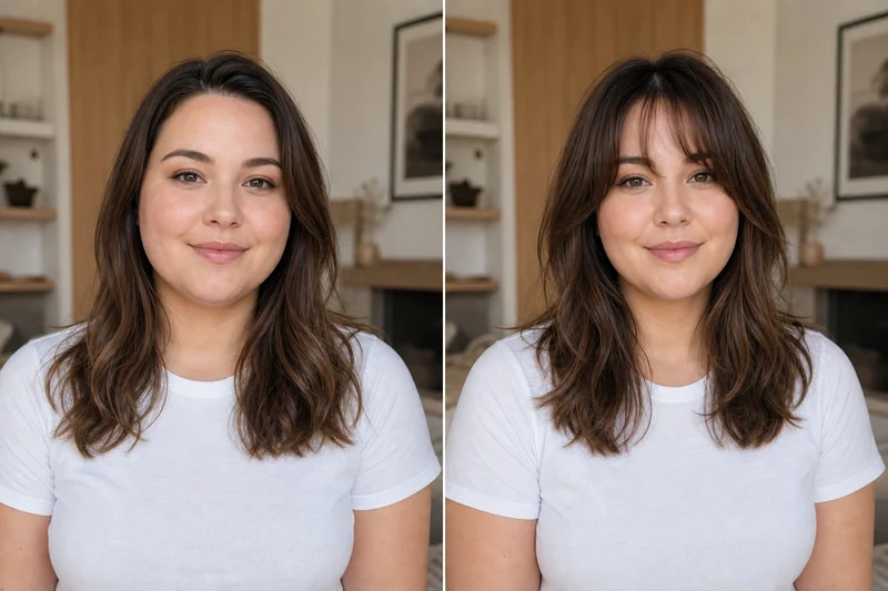Avant-après : effet visuel de la frange U Bang sur un visage rond