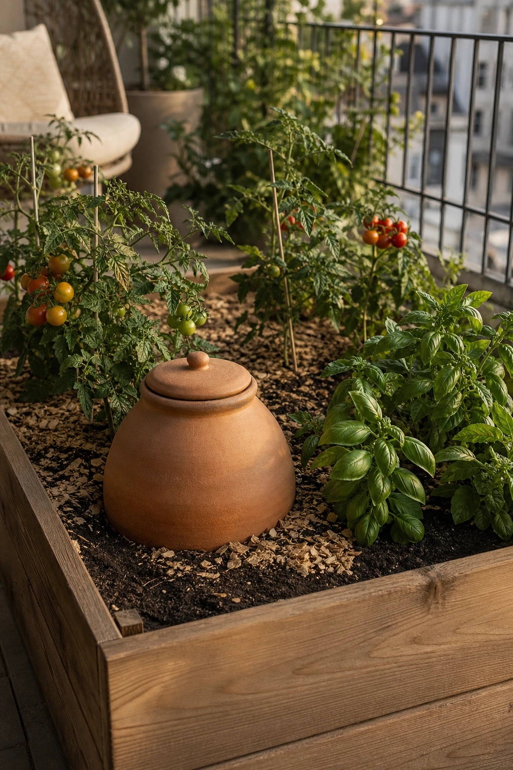 Oya en terre cuite enterrée dans un bac potager de balcon entre tomates et basilic