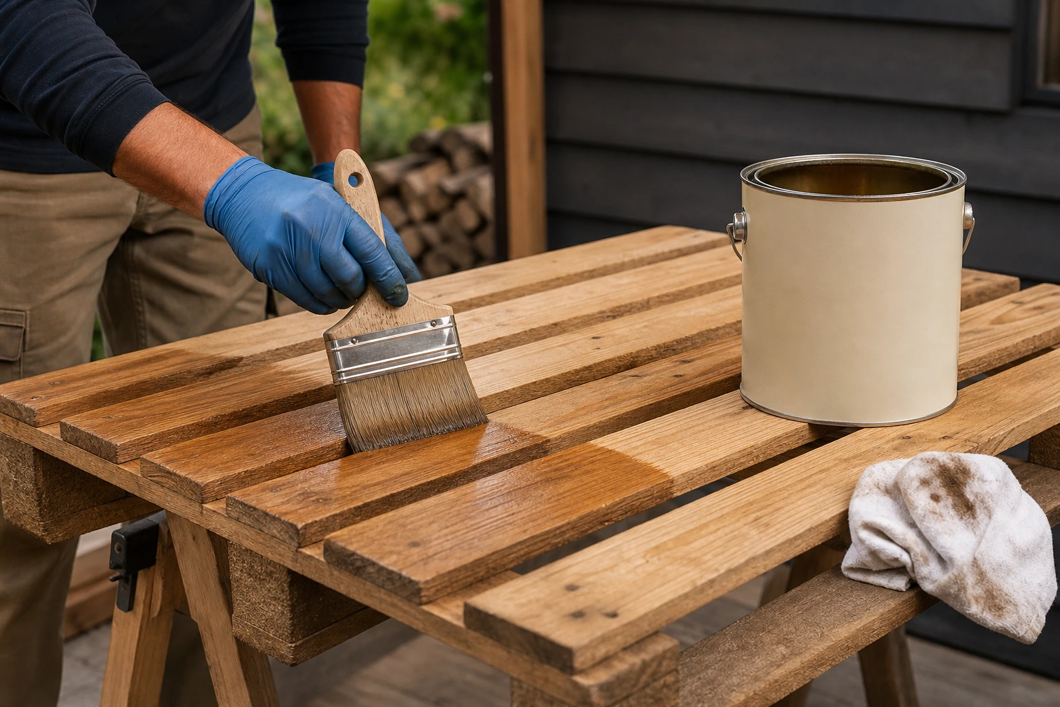 Application au pinceau d'un saturateur bois extérieur incolore sur les lattes d'une palette