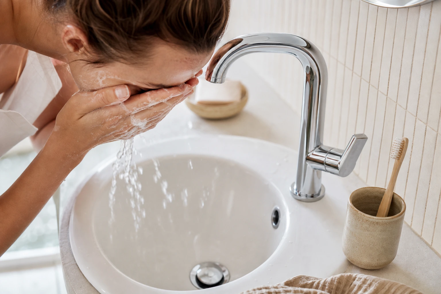 Rinçage du visage à l'eau tiède après application d'un nettoyant doux minimaliste