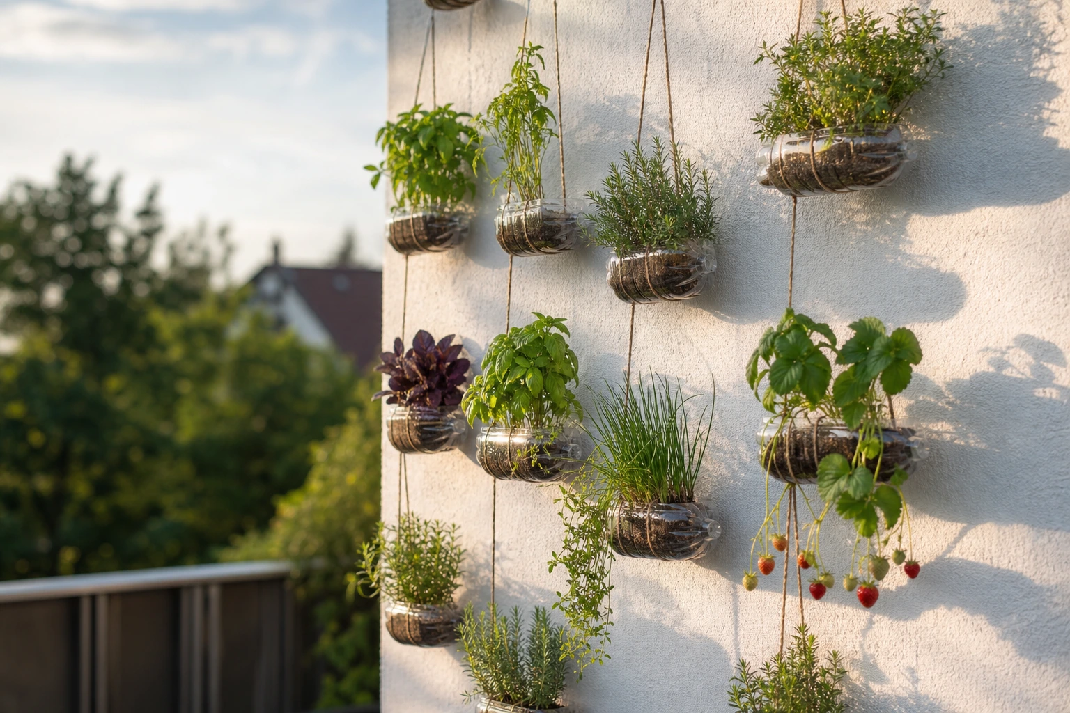 Mur végétal récup' fait de bouteilles PET coupées suspendues plantées d'aromatiques