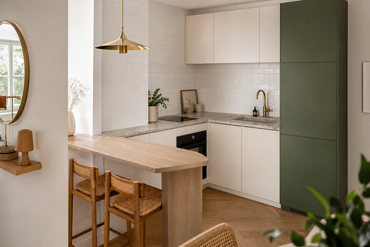Petite cuisine claire avec colonne vert sauge et bar snack en prolongement du plan de travail