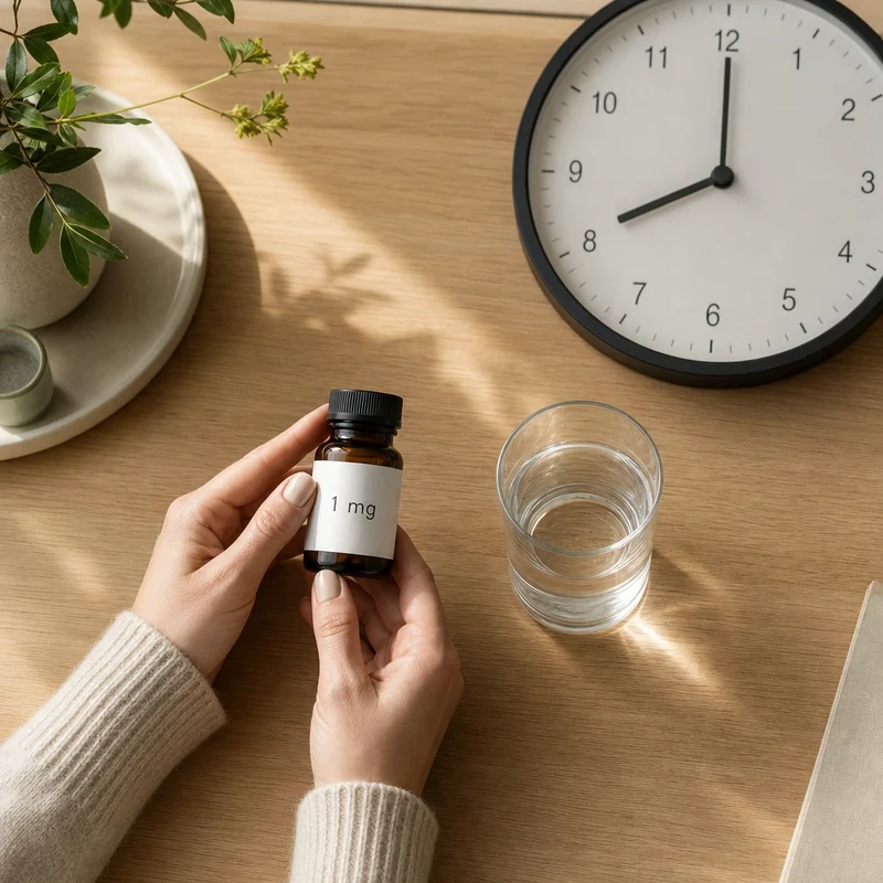 Flacon de mélatonine à 1 mg posé sur une table, près d'une horloge indiquant 20 heures