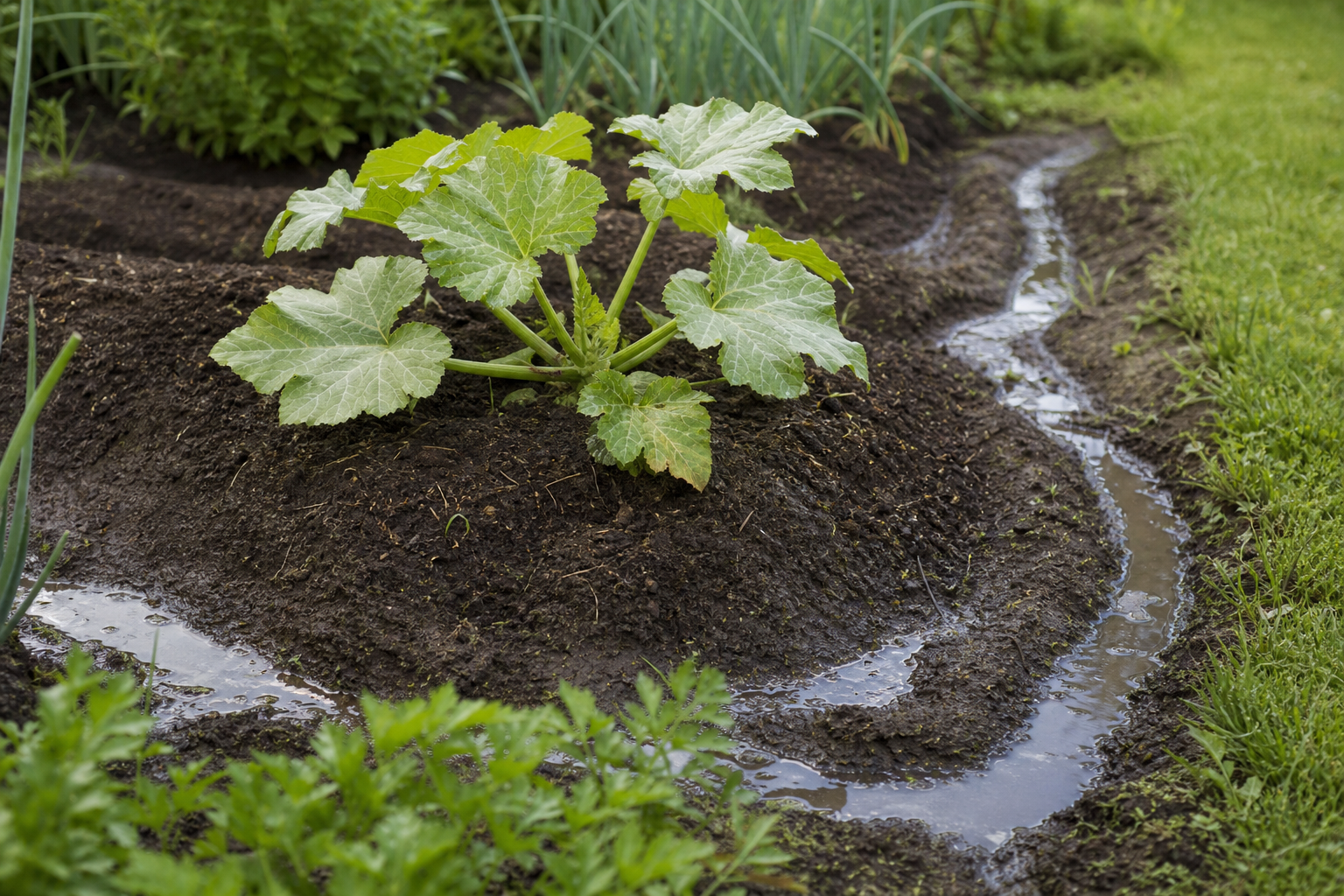 Pied de courgette planté sur butte surélevée pour évacuer l'excès d'eau