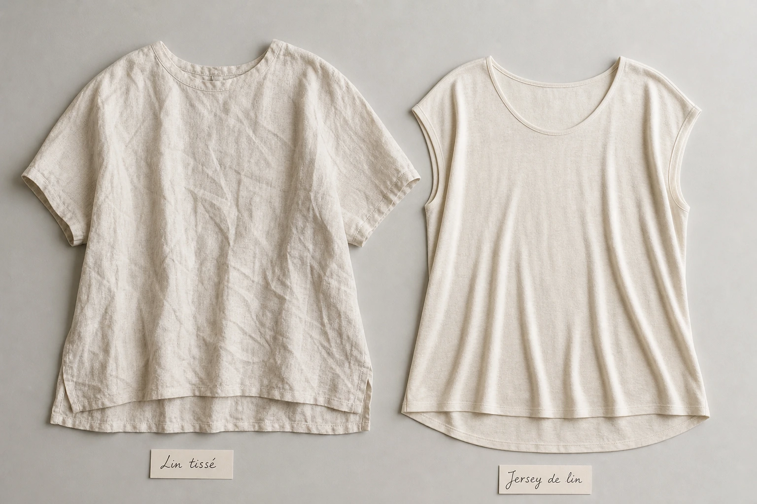 Comparaison entre un t-shirt en lin tissé froissé et un top en jersey de lin lisse