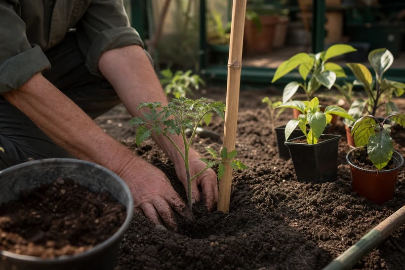 Plantation profonde d'un plant de tomate Cœur de Bœuf avec tuteur bambou