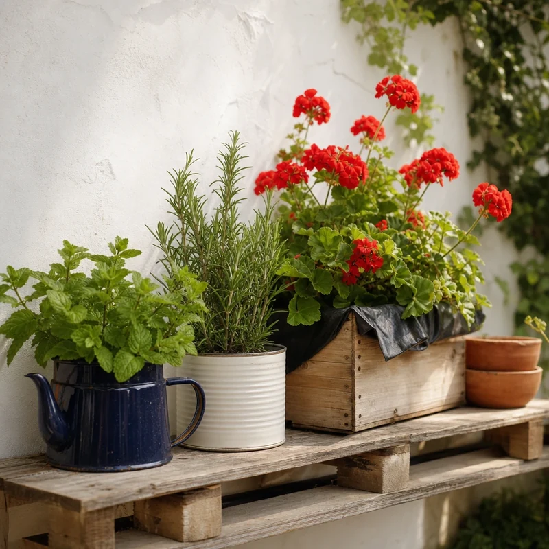 Pots de récup' variés plantés d'aromatiques et de géraniums sur une étagère en palette