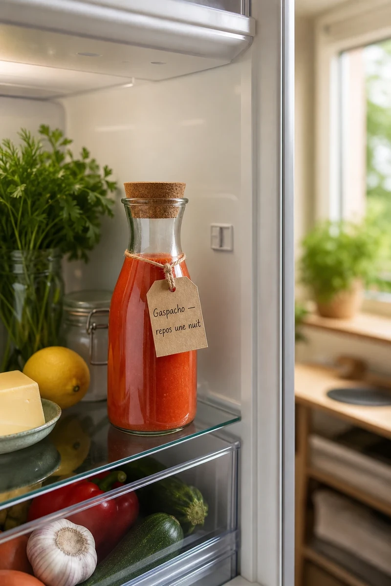 Carafe de gaspacho de tomates cerises au repos dans le réfrigérateur, étiquette manuscrite