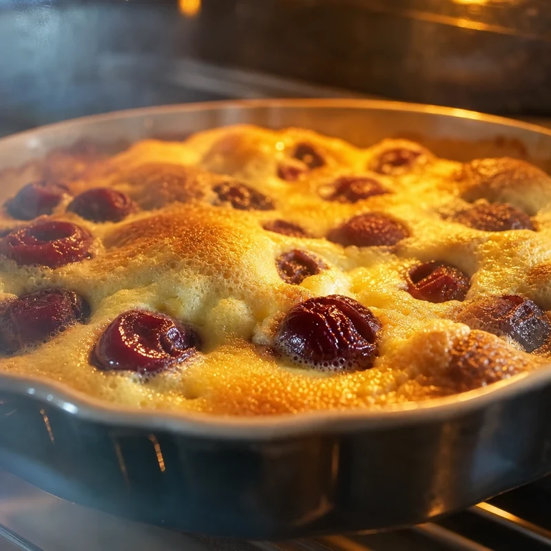 Clafoutis aux cerises en cours de cuisson au four à 180 °C