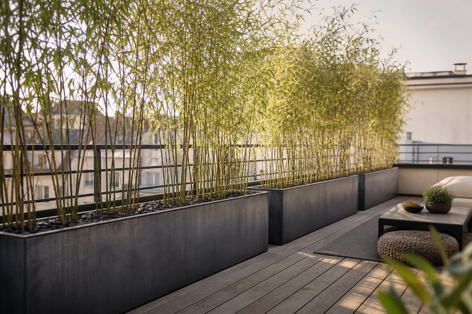 Haie de Fargesia rufa en bacs zinc formant brise-vent de terrasse