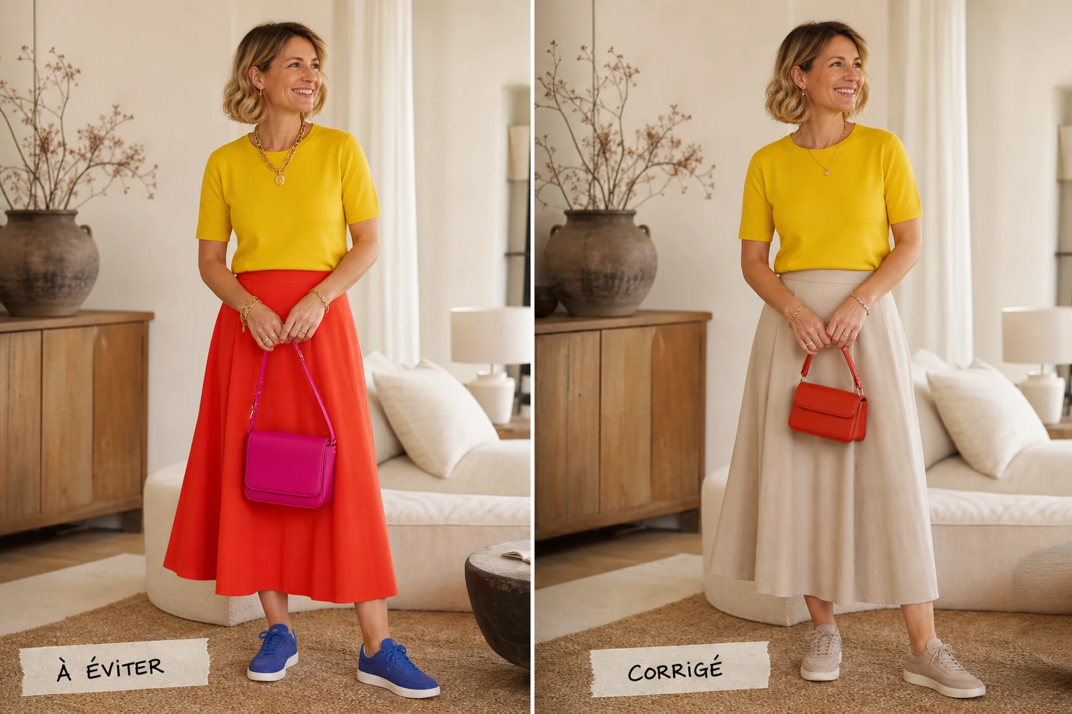 Comparatif avant-après d'un look color block surchargé corrigé avec une base neutre