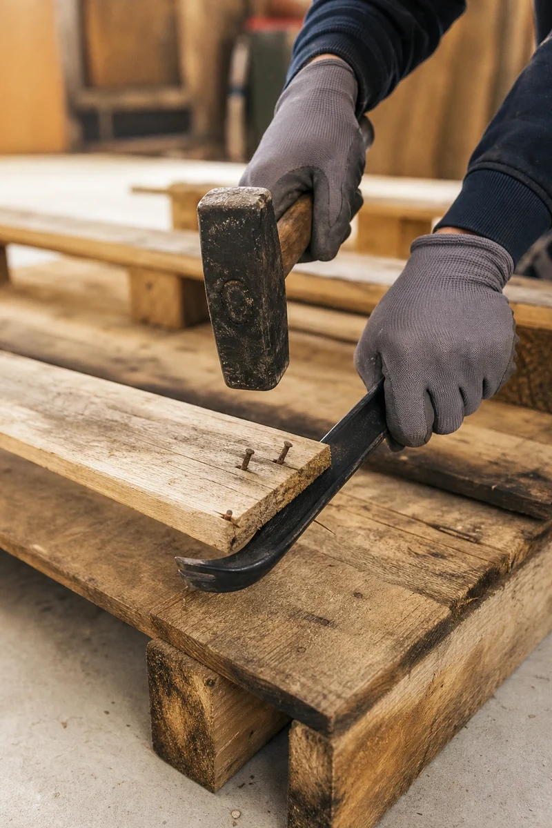 Démontage d'une palette au pied-de-biche pour récupérer les lames de bois sans les casser