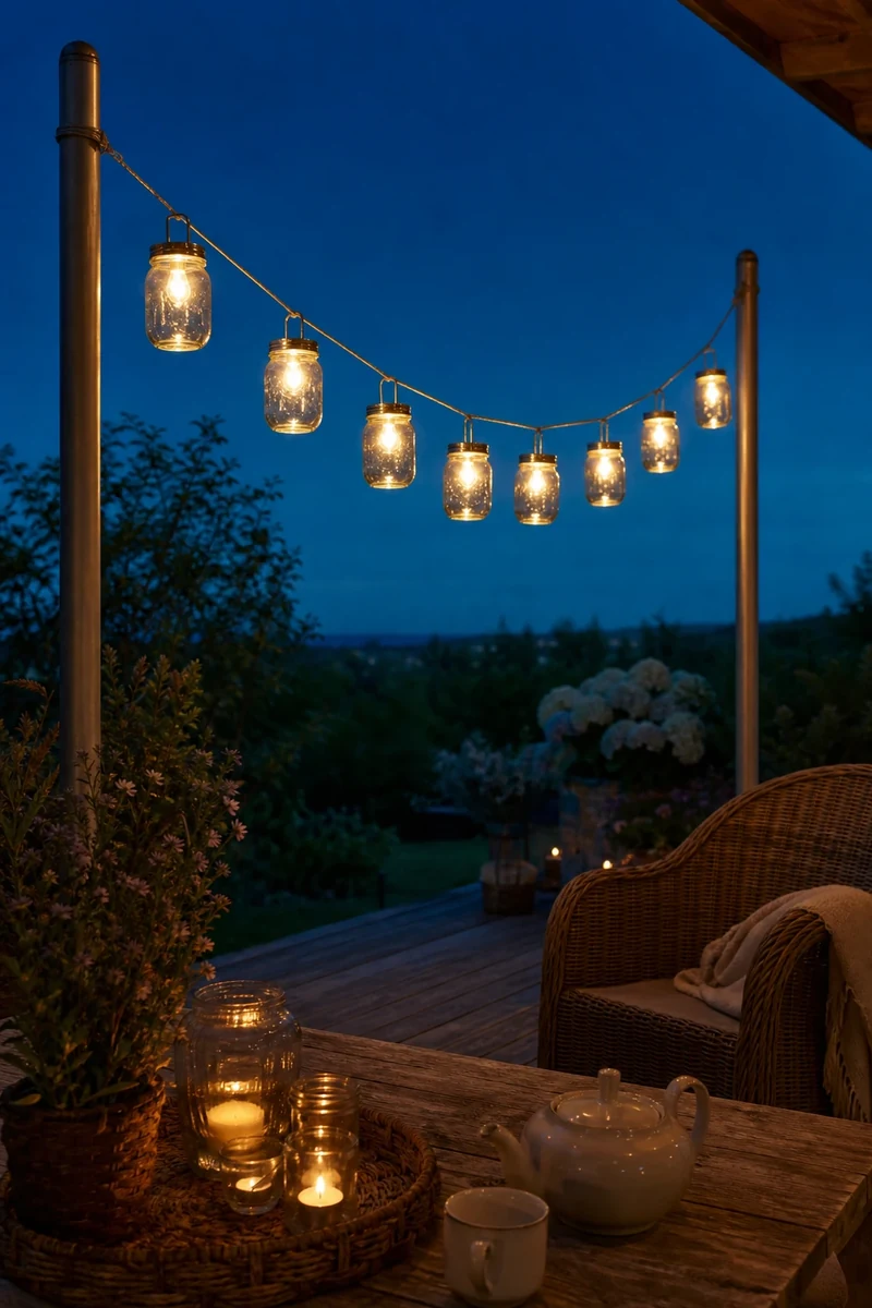 Guirlande solaire DIY avec ampoules LED dans des bocaux en verre suspendus sur une terrasse au crépuscule