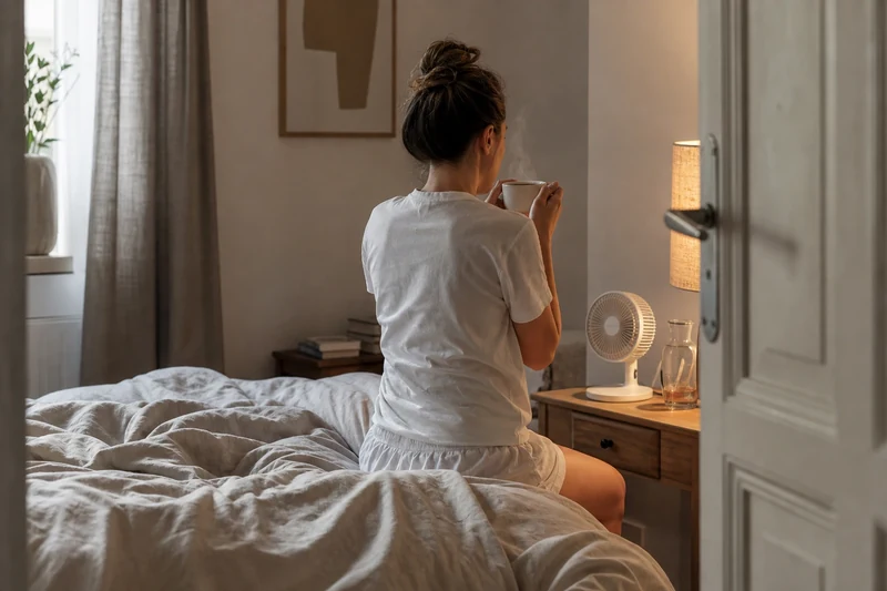 Rituel du soir par temps chaud : tisane tiède et pyjama léger en coton sur drap de lin
