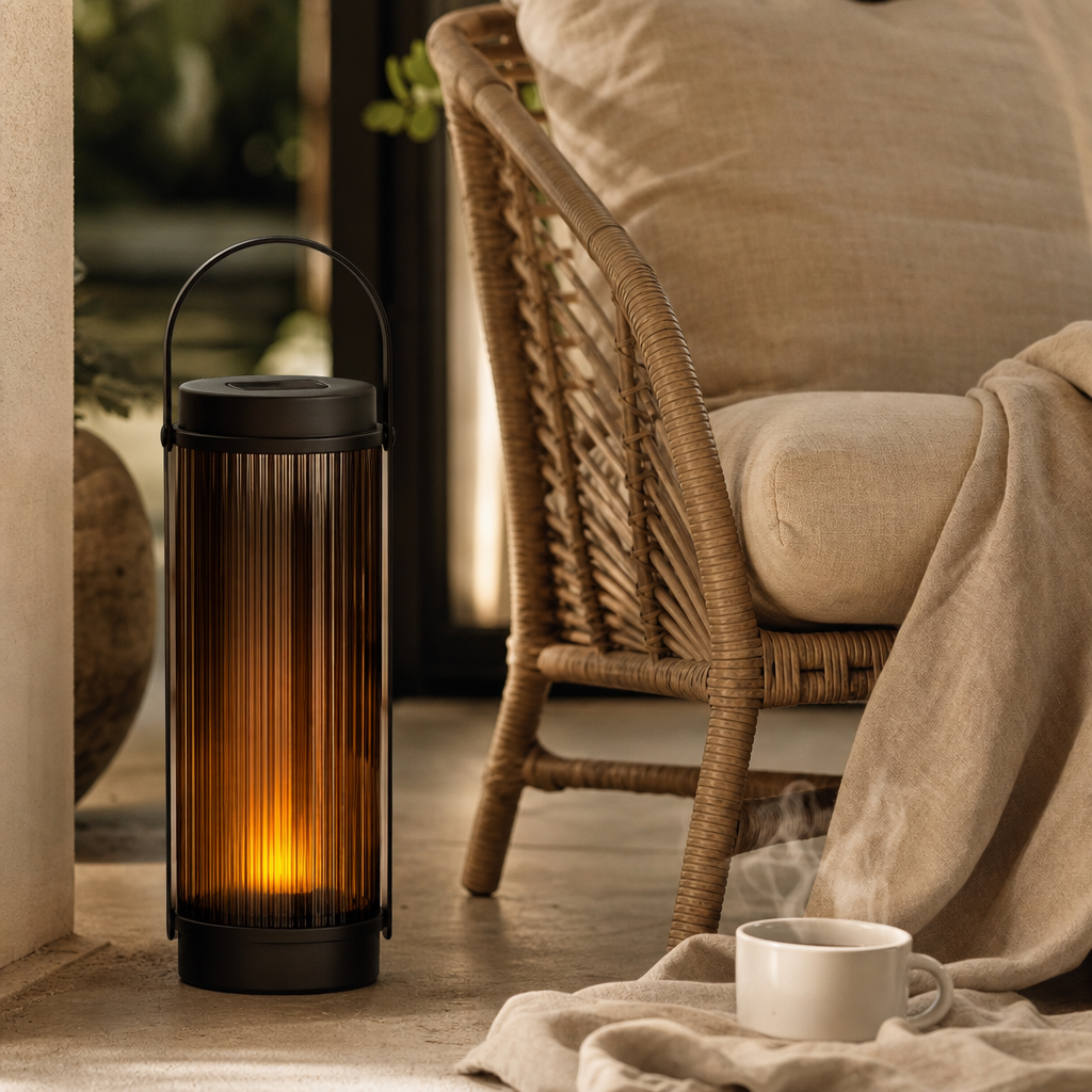 Lanterne solaire portable au pied d'un fauteuil de terrasse