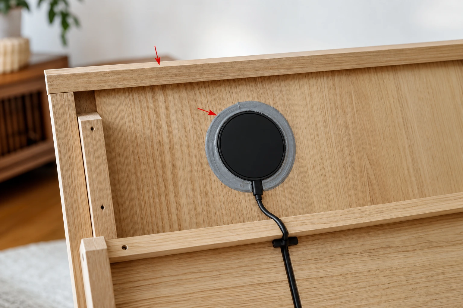 Pose du chargeur Qi sous le plateau de la commode au mastic néoprène