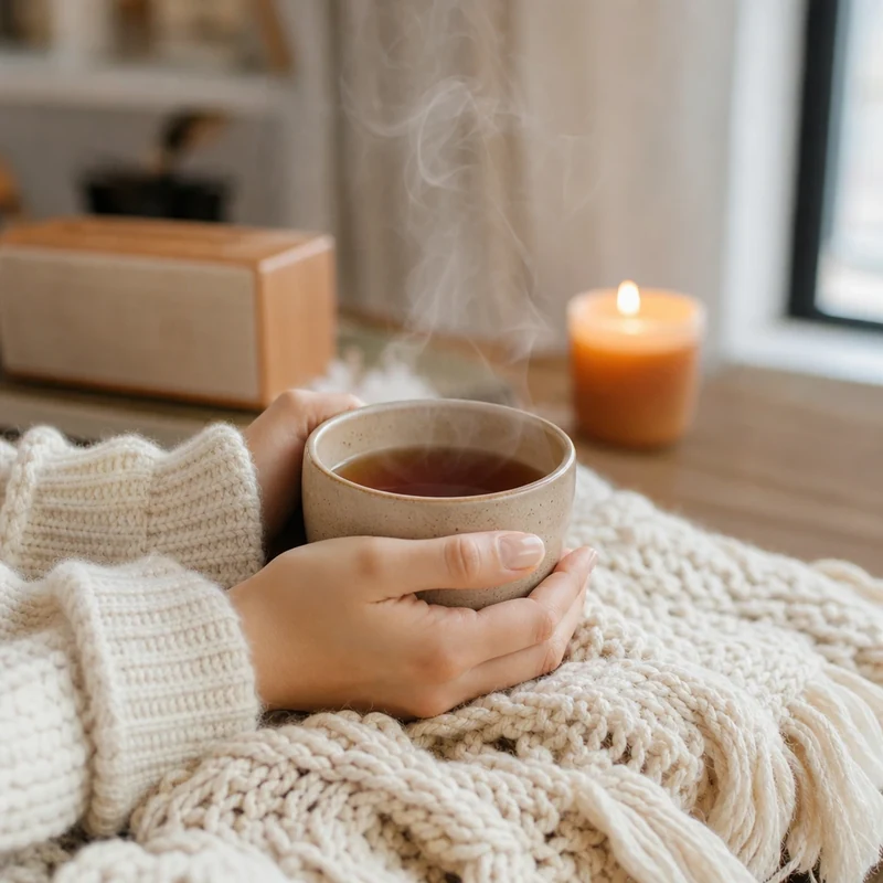 Tasse de thé fumante tenue dans un plaid en laine, ambiance cosy