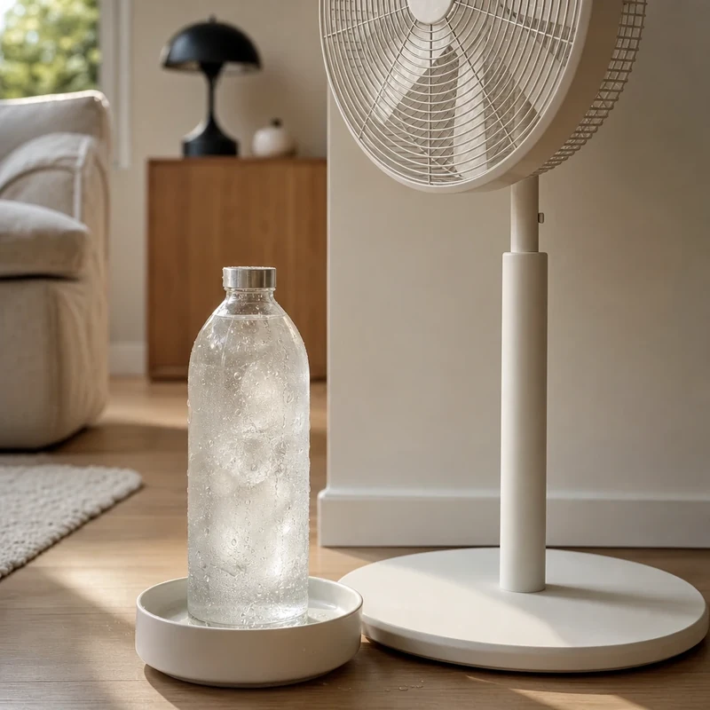 Bouteille d'eau congelée devant un ventilateur pour souffler de l'air rafraîchi