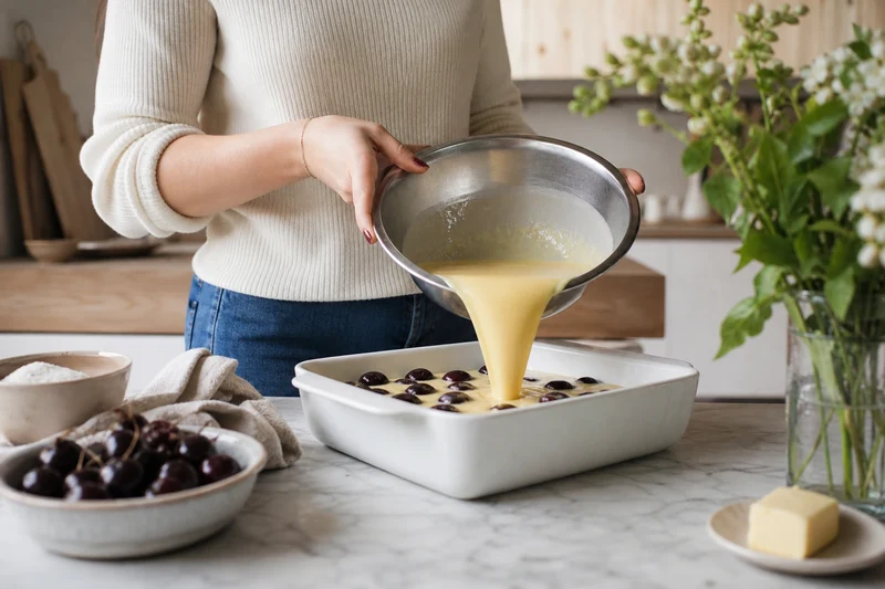 Versement de l'appareil à clafoutis sur les cerises