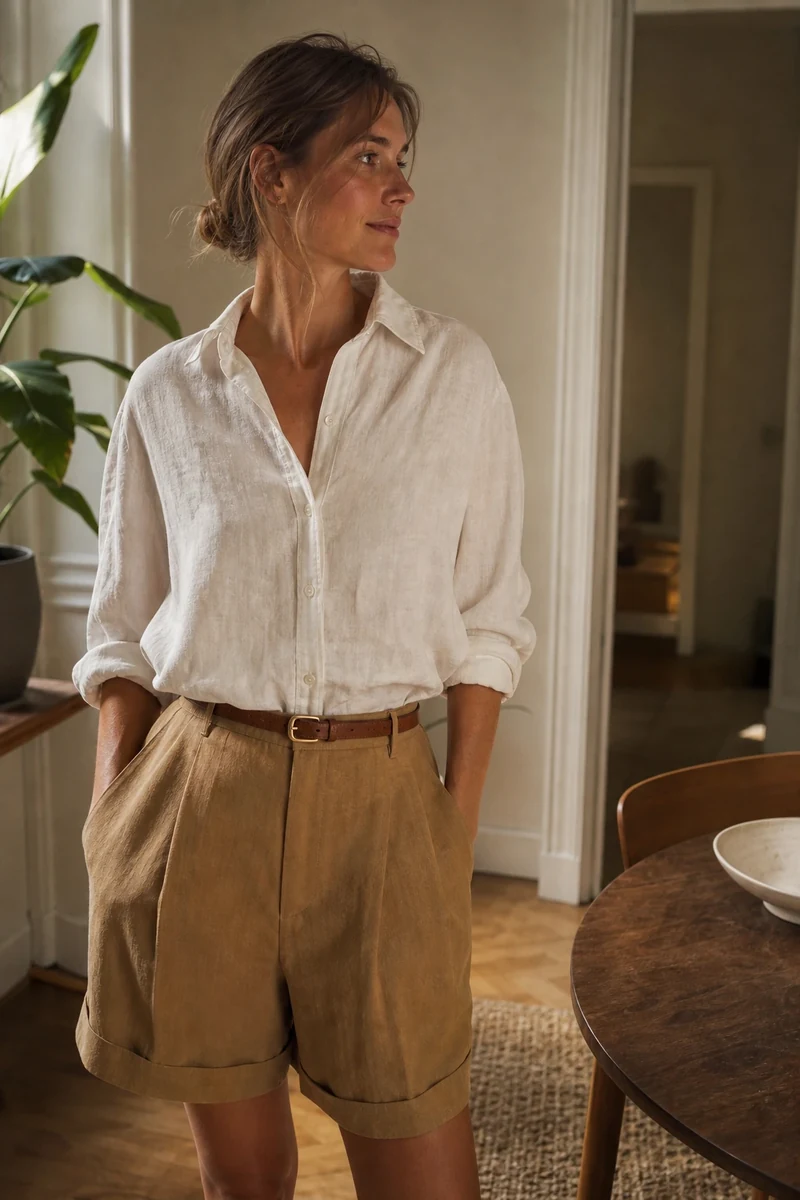 Chemise oversize en lin blanc rentrée dans un short tailoring camel taille haute