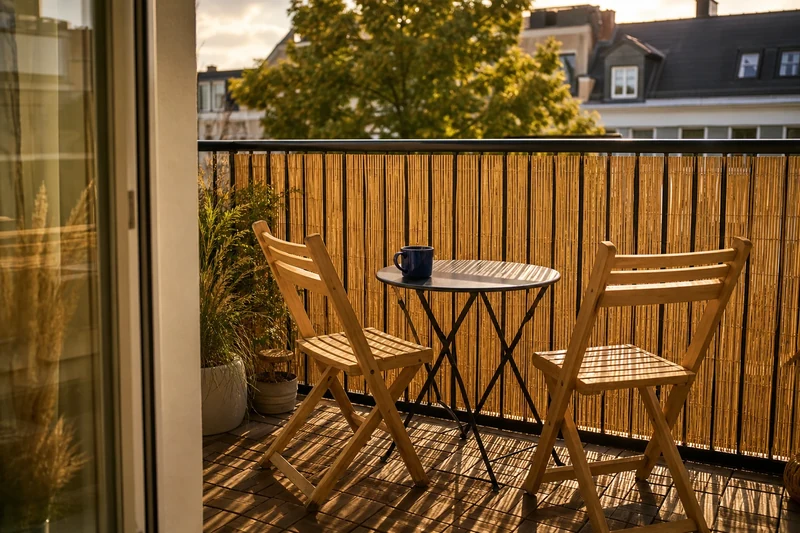 Brise-vue en canisse de roseau installé sur la rambarde intérieure d'un balcon parisien