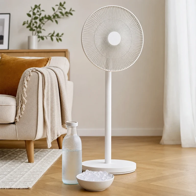 Ventilateur placé derrière une bouteille d'eau gelée et un saladier de glaçons
