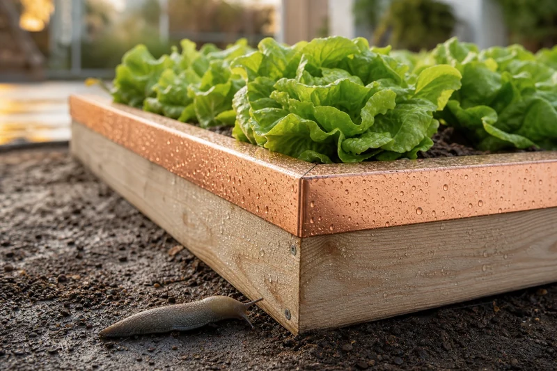 Bande de cuivre autour d'un carré potager surélevé, limace stoppée devant la barrière