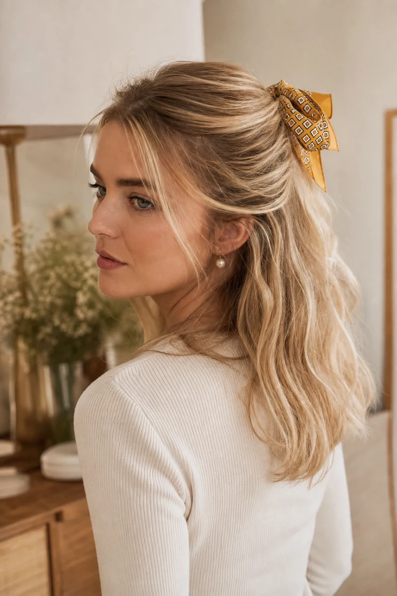 Coiffure half-up blond vénitien avec nœud papillon en soie jaune moutarde
