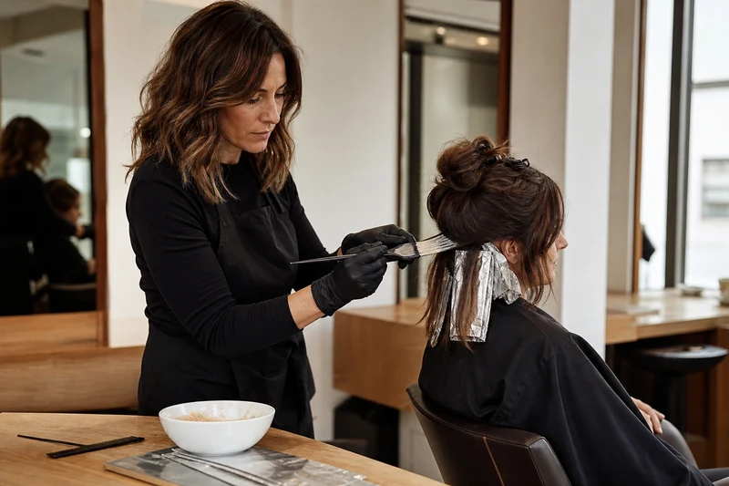 Coloriste appliquant une patine doré-beige sur cheveux Buttery Blonde en salon